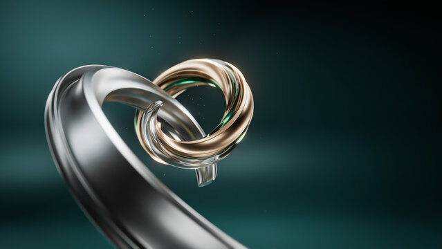 Abstract 3D illustration of smooth interlocking silver and gold metallic rings forming a heart shape against dark green blurred background.