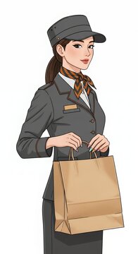 Woman in uniform with shopping bag illustration for commercial purposes