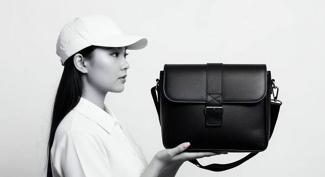 Woman in white hat holding a black bag against a white background