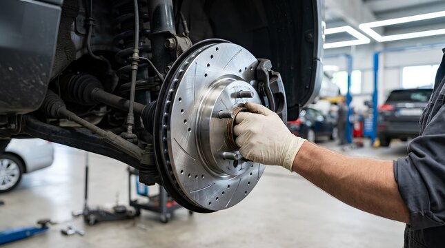 Auto Mechanic Repairing Car Brake System in Professional Garage