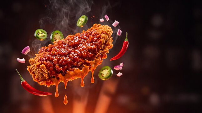 Spicy fried chicken fillet with dripping hot sauce, crispy buffalo chicken breast with flying chili peppers and jalape&ntilde;os, gourmet fast food advertising