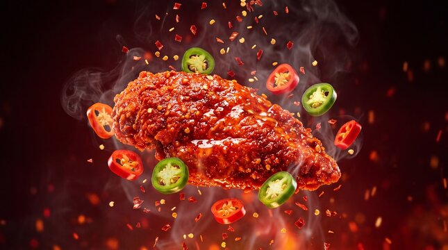 Spicy fried chicken fillet with flying chili peppers, crispy buffalo chicken breast in fire and smoke, hot glazed poultry for restaurant menu