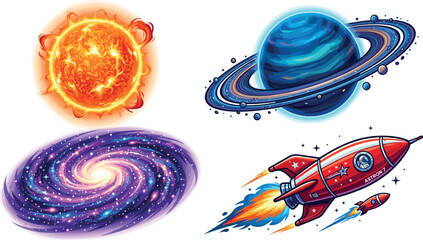 Outer Space Astronomy Exploration Vector Set with Blazing Sun Star, Ringed Blue Planet Saturn, Purple Spiral Galaxy, and Red Retro Rocket Ship © EdGe Creative