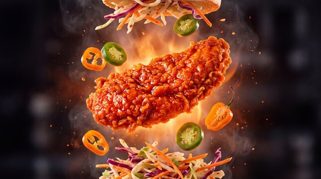 Spicy fried chicken fillet with flying jalape&ntilde;os and fire, crispy buffalo chicken breast with coleslaw, hot and spicy fast food advertising