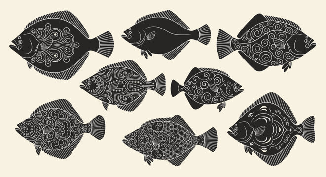 Set of black halibut and flounder silhouettes with intricate white mandala and tribal swirl patterns, flatfish graphic illustrations isolated on a light cream background for design.