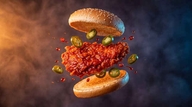 Spicy fried chicken burger with flying ingredients, crispy chicken sandwich with jalapenos and sesame bun, levitating fast food on smoky dark background