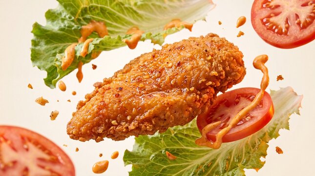 Crispy fried chicken breast levitating with fresh lettuce and tomato slices, flying fast food ingredients with spicy sauce splashes, gourmet poultry meal