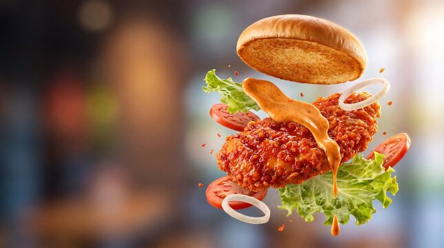 Crispy fried chicken burger with flying ingredients, levitating spicy chicken sandwich with sauce, gourmet fast food explosion on blurred restaurant background