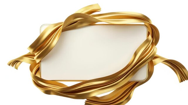 Golden ribbons flowing around a blank white luxury card frame