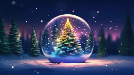 Fototapeta premium Magical Christmas Tree Snow Globe in Snowy Forest at Night.