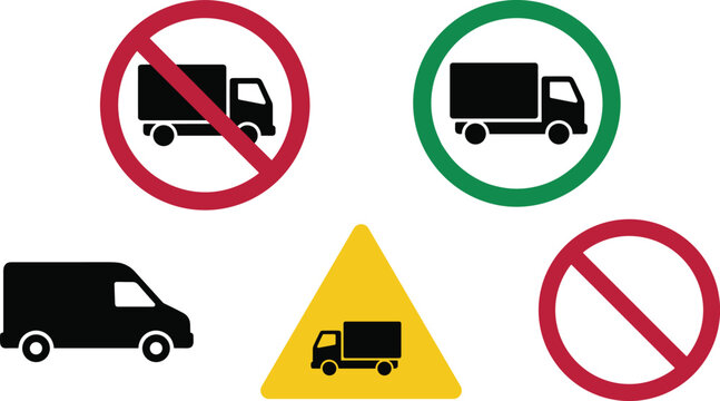 Prohibited Heavy Truck Route Traffic Sign Icon Set with No Entry Ban Warning Triangle and Delivery Van Transportation Regulatory Road Symbols