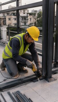 Professional construction worker using a power drill to install metal railings on a rooftop terrace deck