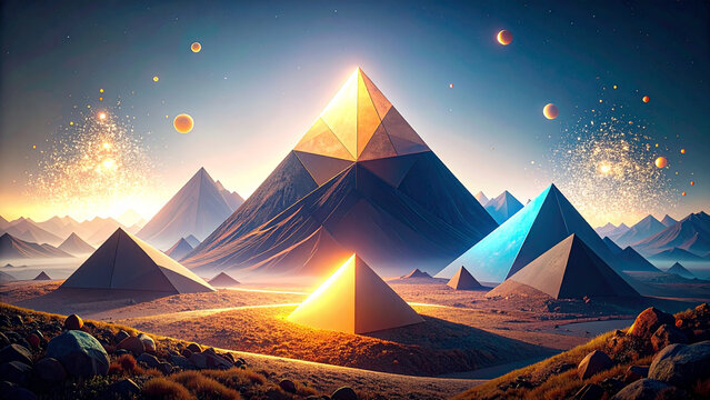Glowing golden pyramids in a surreal desert landscape under a starry night sky with planets