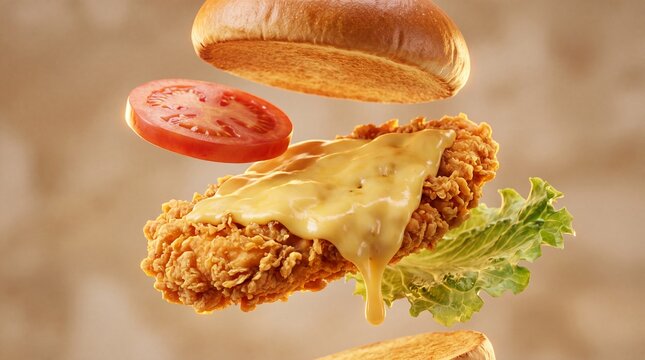 Crispy fried chicken burger with melting cheese, flying ingredients of a gourmet chicken sandwich, levitating fast food burger on warm background