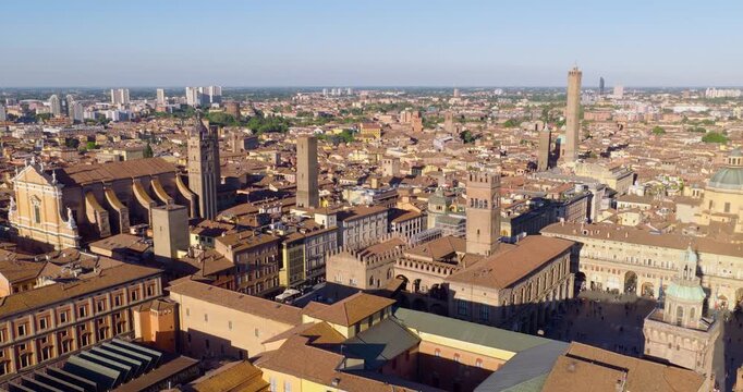 Aerial View Of Piazza Maggiore, Basilica Di San Petronio, Palazzo D'Accursio, And The Two Towers In Historic Bologna, Italy.
