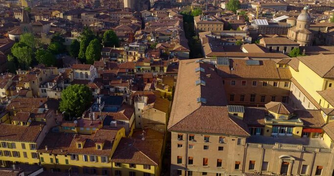 Medieval Buildings With Red Terracotta-Tiled Roofs In Bologna, Italy. - aerial shot