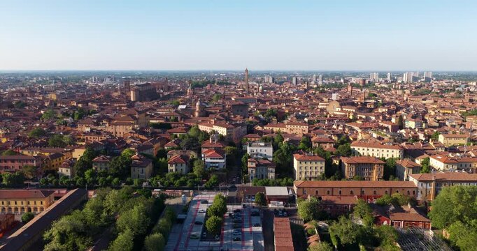 Aerial View Of Bologna, Italy, Historic City Center With Medieval Churches And Towers.