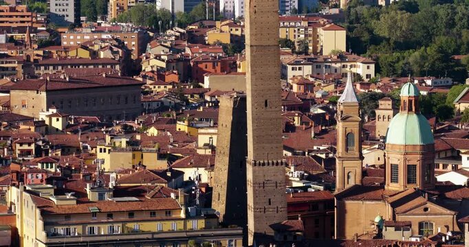 Due Torri (Two towers) In Bologna, Italy - Torre Degli Asinelli And The Leaning Torre Garisenda. - aerial shot