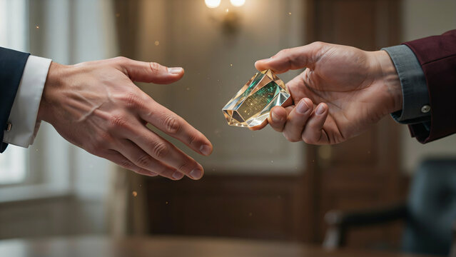 Close up of hand passing glowing crystal shard to another businessman hand during corporate agreement or corruption bribe concept.