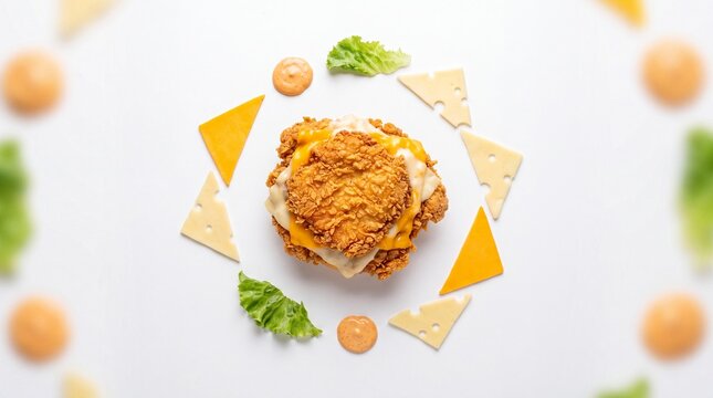 Crispy fried chicken burger with melted cheese, top view of gourmet chicken sandwich on white background, fast food menu flat lay with ingredients