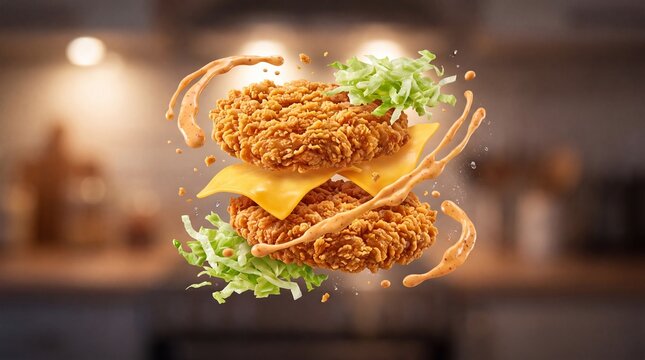 Crispy fried chicken burger with flying ingredients, levitating double chicken sandwich with cheese and lettuce, dynamic fast food explosion