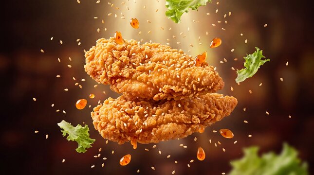 Crispy fried chicken strips with flying sesame seeds and lettuce, golden breaded chicken tenders, fast food advertising concept on dark background