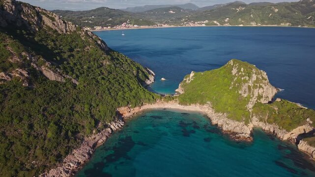 Drone shot of Porto Timoni double beach with turquoise water in Greece