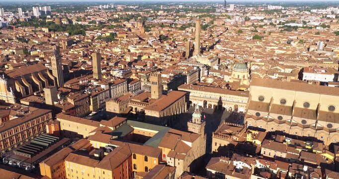 Red Roofs And Medieval Towers At The Historic Center Of Bologna, Italy. - aerial shot