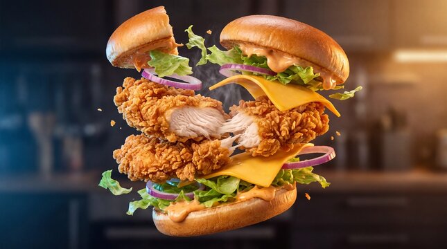 Gourmet crispy chicken burger with flying ingredients, levitating fried chicken sandwich with melted cheese and lettuce, dynamic food explosion