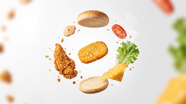 Levitating chicken burger ingredients on white background, flying crispy chicken sandwich components, deconstructed fast food burger with lettuce and cheese