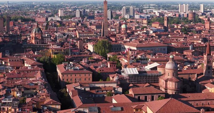 Panorama Of Buildings At The Historic City Center In Bologna, Italy. - aerial shot