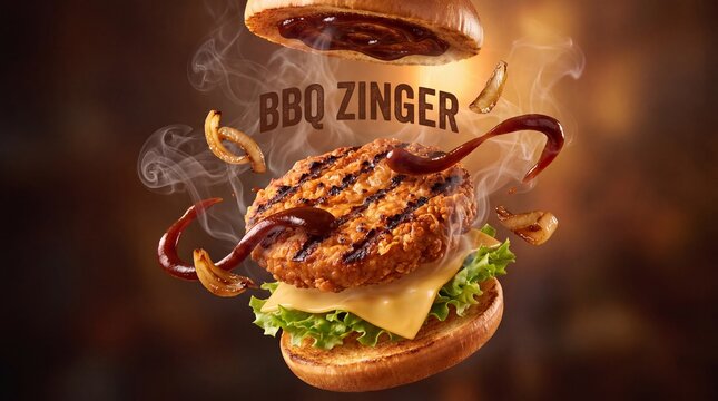 BBQ Zinger chicken burger with flying ingredients, gourmet spicy chicken sandwich with barbecue sauce and cheese, exploding fast food burger