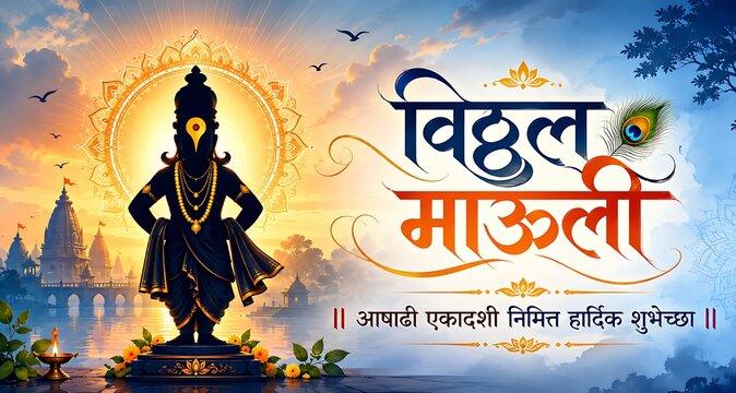 Holy Ashadi Ekadashi Festival Artwork Showing Lord Vitthal Vithoba Vithuraya Vithu Mauli Pandurang Chandrabhaga River and Pandharpur Temple