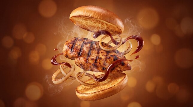 Gourmet grilled chicken burger with flying ingredients, levitating barbecue chicken sandwich on warm bokeh background, delicious fast food concept