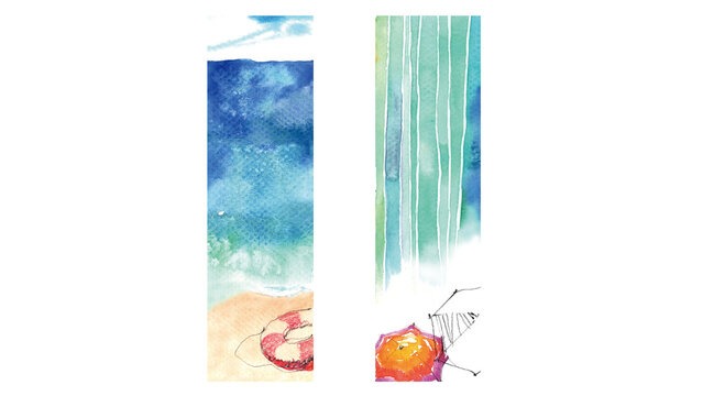 海辺のビーチと雨の中の傘の可愛い手描き水彩縦長フレームセット
Cute vertical frame set with beach and umbrella in the rain hand-drawn watercolor illustration