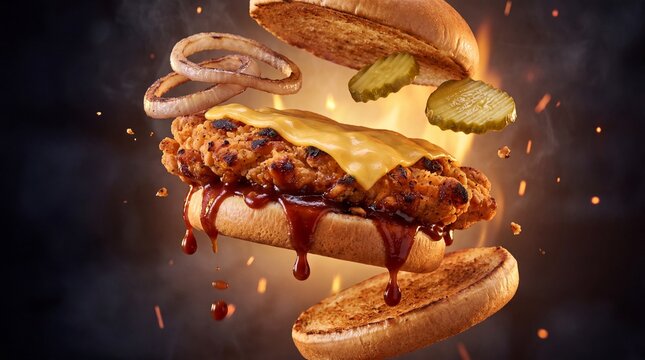 Gourmet fried chicken burger with melting cheese and flying ingredients, crispy chicken sandwich with barbecue sauce, levitating fast food on dark background