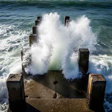 Ocean waves crashing against concrete breakwater pillars.