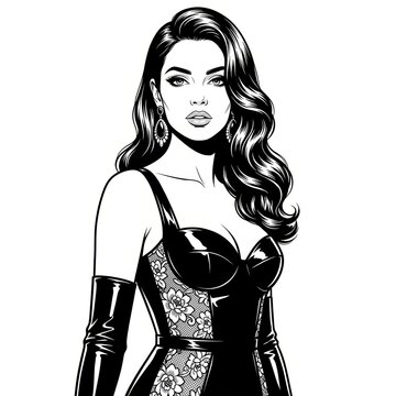 Black and White Ink Illustration of Woman in Elegant Latex Evening Dress &ndash; Noir Couture Editorial Portrait