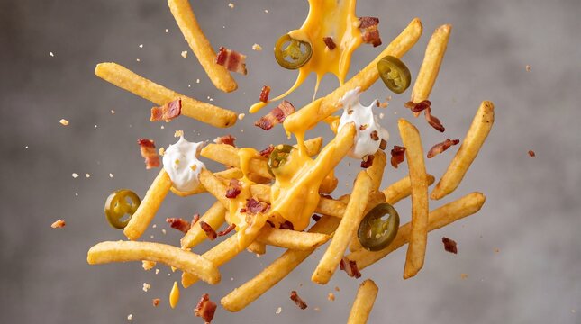 Loaded french fries levitating with melted cheese sauce, crispy bacon bits and jalapenos, flying potato fries with toppings on gray background