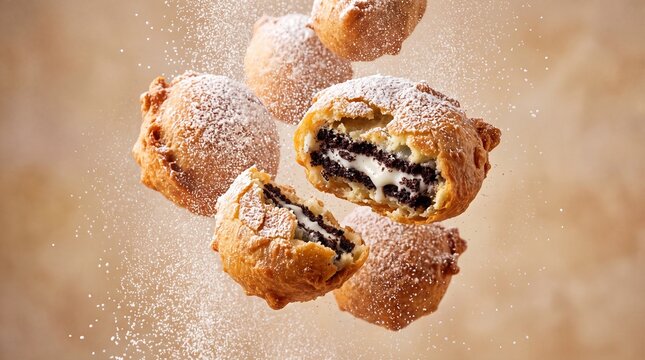 Deep fried chocolate sandwich cookies with powdered sugar, golden fried dough dessert balls in motion, carnival style sweet treats on warm background