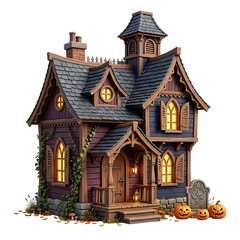 Fototapeta premium A Whimsical Haunted Victorian House Decorated For Halloween With Pumpkins And Gravestones