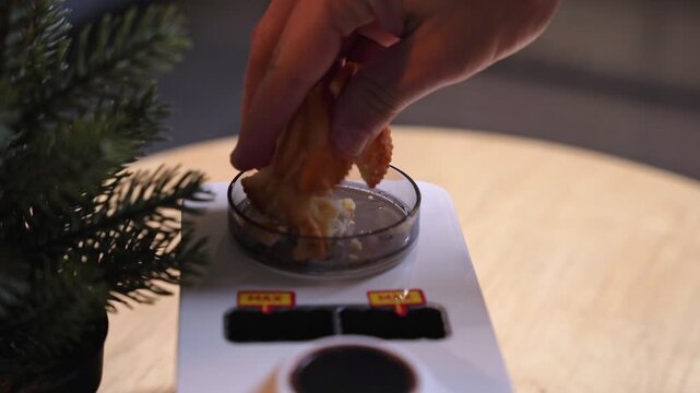Close-up of a hand crumbling an orange sandwich cookie into a clear plastic tray on a white mini kitchen appliance. The modern dessert gadget sits on a wooden table in a warmly lit indoor setting.