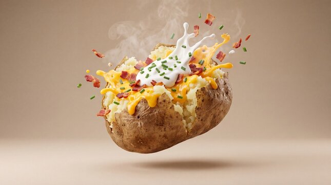 Loaded baked potato with melted cheddar cheese and sour cream splash, levitating hot potato with crispy bacon bits and chives, steaming comfort food
