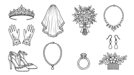 Wedding accessories line art collection, bridal fashion elements set with tiara and veil, elegant marriage jewelry and floral bouquet vector icons © Sidra
