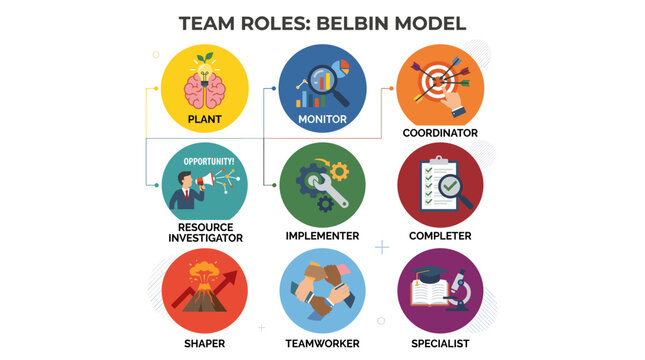 Belbin team roles model infographic illustrating different team member functions