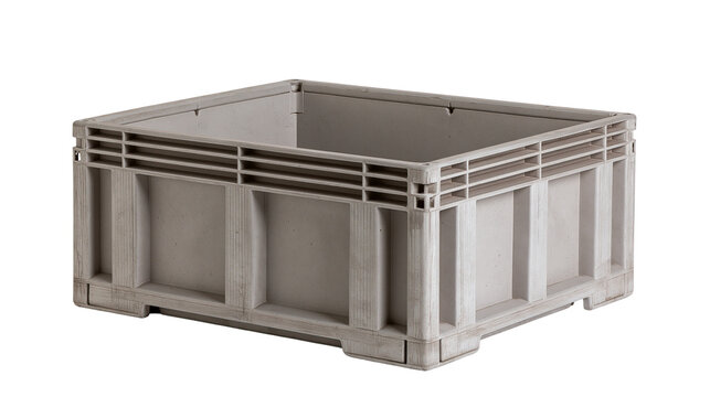 Gray plastic industrial storage container with ventilation slots, isolated on transparent background