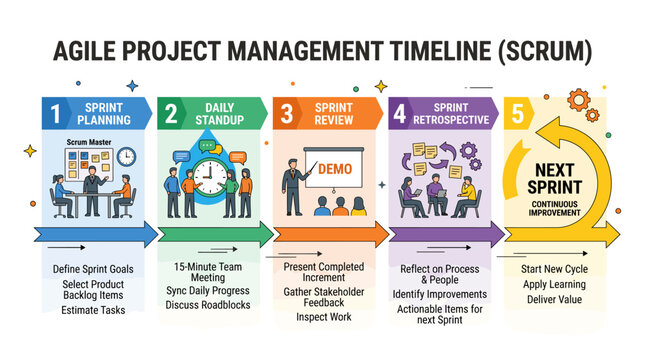 Agile project management timeline illustrating the Scrum framework and its iterative process
