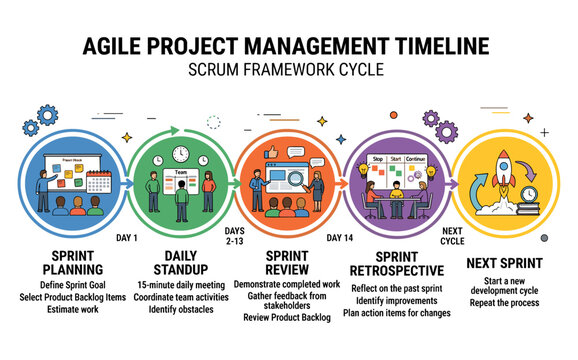 Agile project management timeline illustrating the scrum framework cycle and its phases