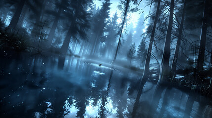 Misty forest lakeshore scene with calm morning fog © 研哉 西尾