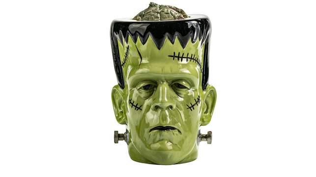 Green Frankenstein head ceramic mug with bolts, isolated on transparent background